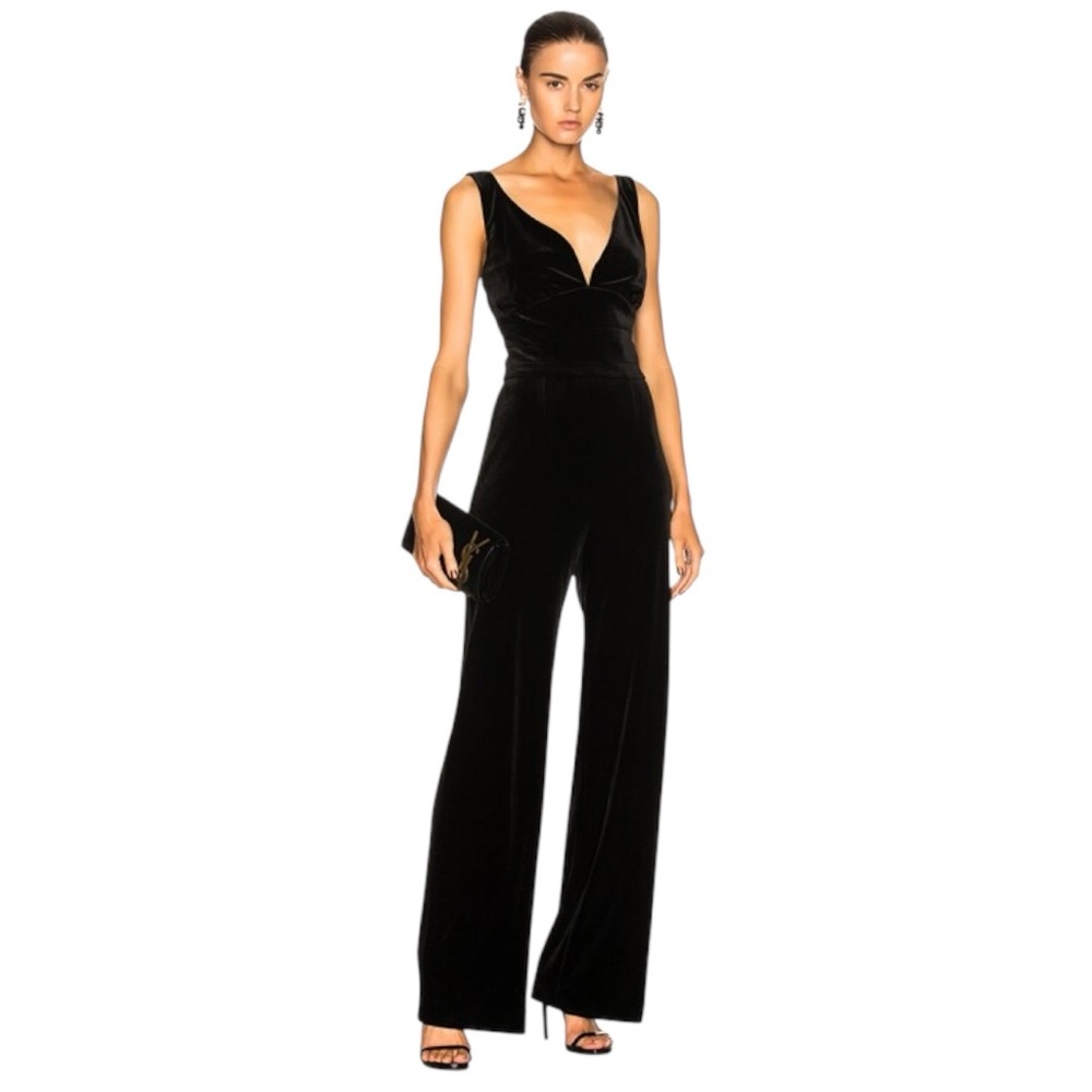 L’AGENCE Women’s Savana Velvet Plunge V-Neck Black Jumpsuit Size 6 EUC